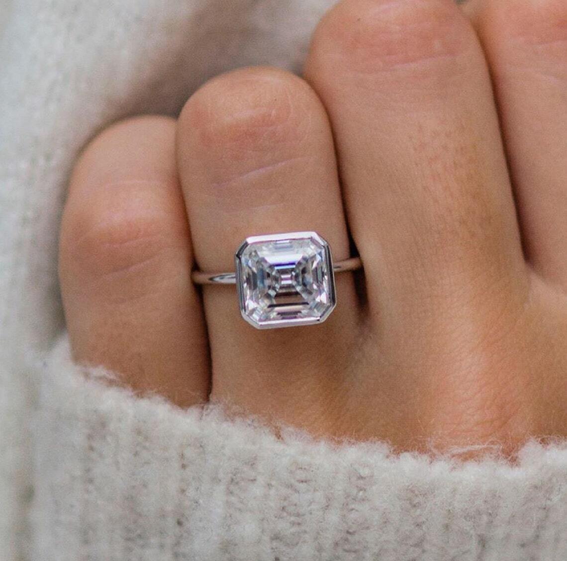 4Ct White Asscher Simulated Diamond Bezel Set Solitaire Ring 925