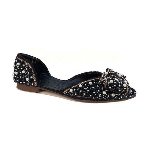 Womens Shiny Dress Work Rhinestone Pointed Toe Flats Slip on Casual Loafer Shoes - Picture 11 of 22