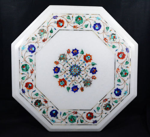 18-inch marble corner table with semi-precious floral inlay for home decor