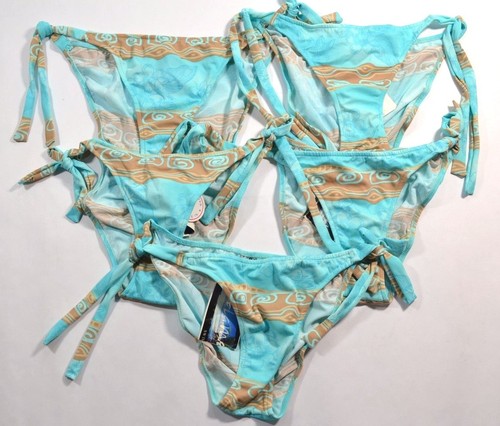 De La Mer AT TIE SIDE Blue Tan Striped Swirl Flower Swim Junior's Bikini Bottoms - Foto 3 di 11