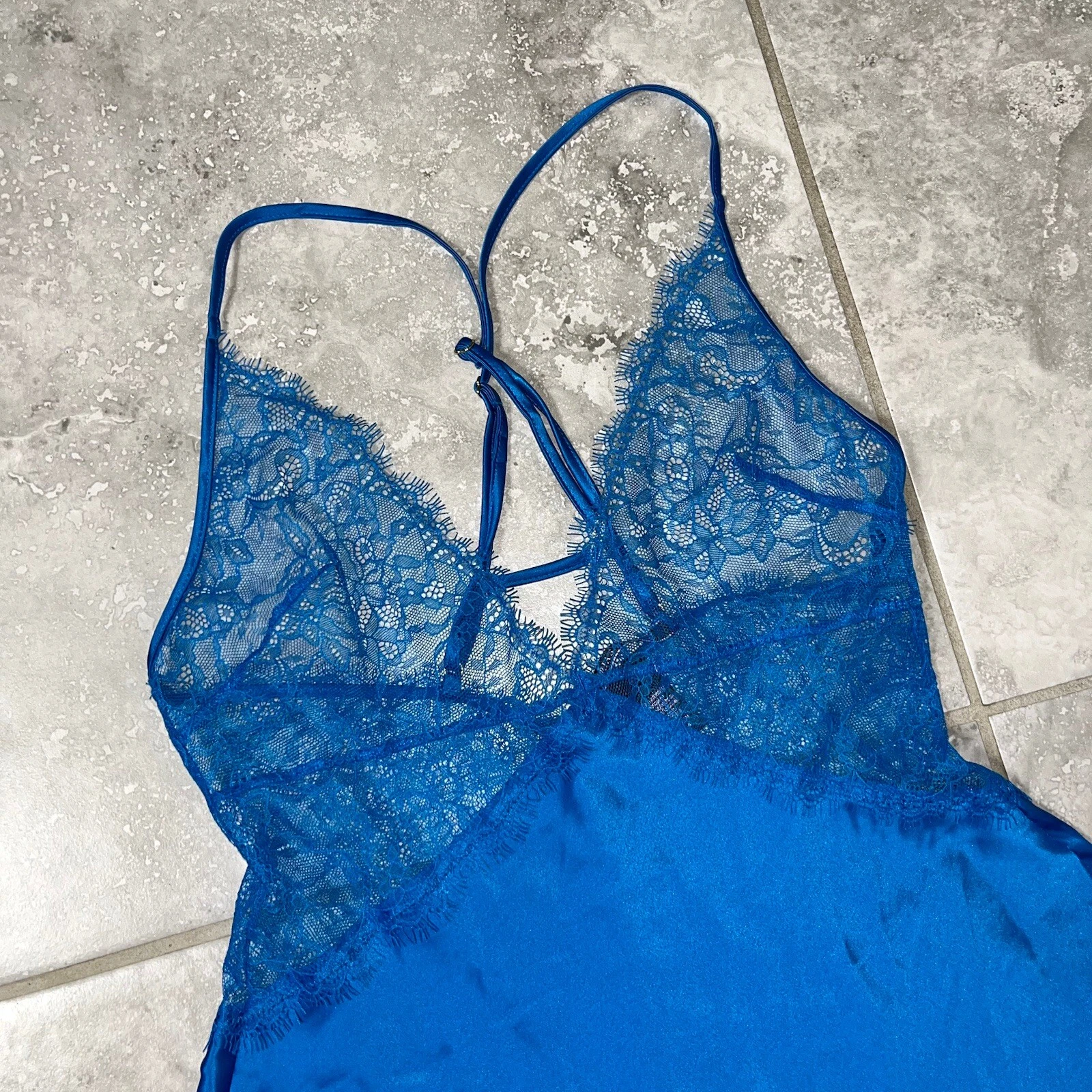 UNDERCOVER Victorias Secret Mini Abito Cami Slip Raso Liquido Pizzo Scollo V Fata Y2k Blu XS