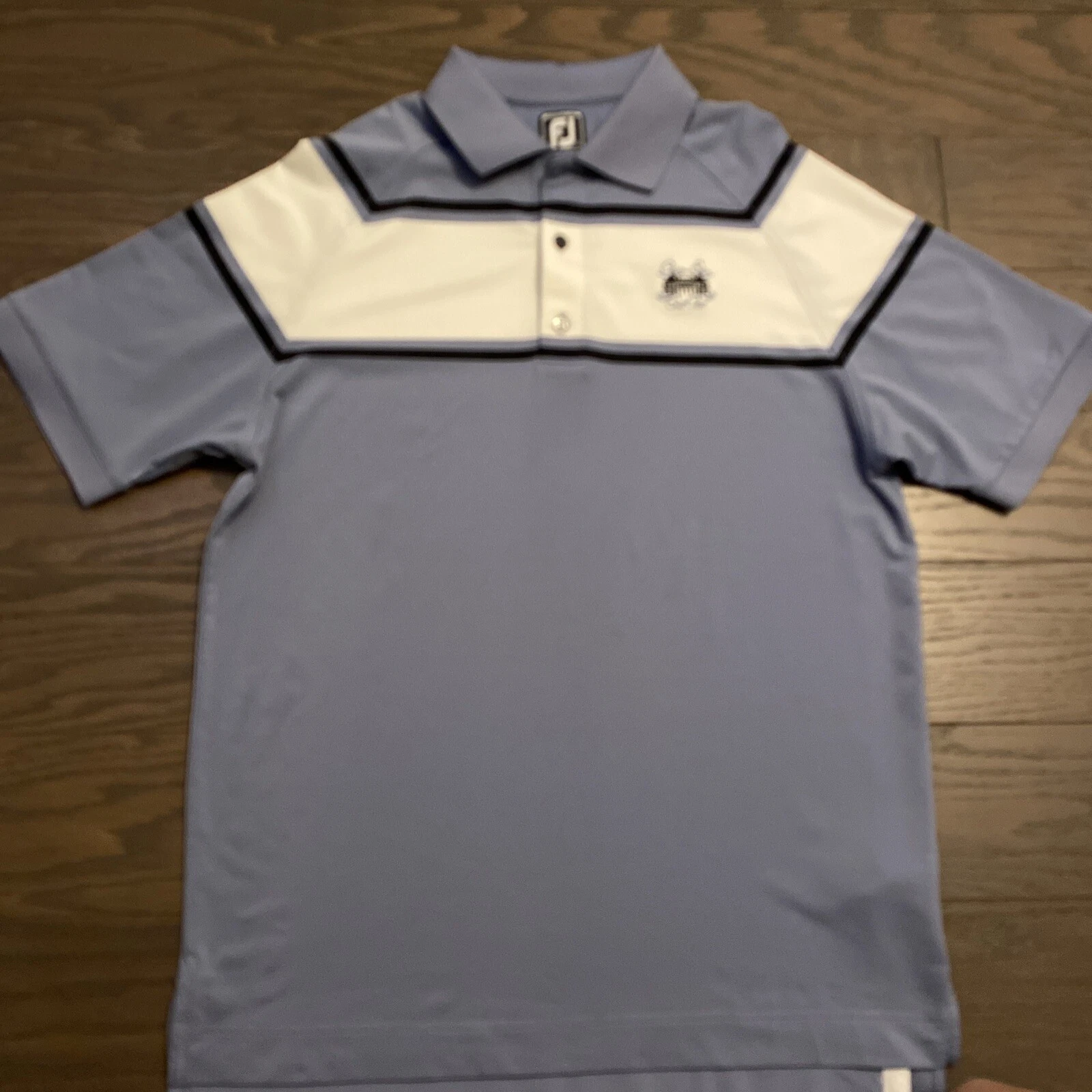 Footjoy FJ Mens Golf Polo Shirt Blue White Stripe Spandex Stretch Athletic Fit L