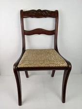 Antique Victorian Era Mahogany Empire Side Chair Carved Floral Fabric Set