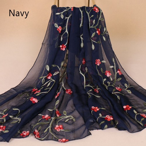 Summer Beach Women Thin Silk Scarf Shawl Chiffon Flower Embroidery Long Tippet - Picture 8 of 26