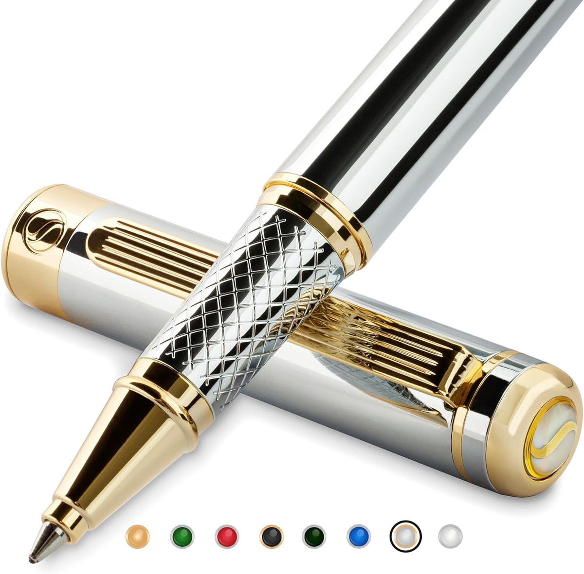 Silver Chrome Rollerball Pen - Stunning Luxury Pen with 24K Gold