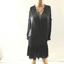 $495 ULLA JOHNSON Piera Pleated Ruffled Satin Drop Waist Dress Size 4 Charcoal 