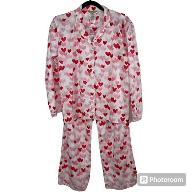 Pottery Barn Teen Pajama Set Size M piece Heart Sateen Cotton Pink Red 