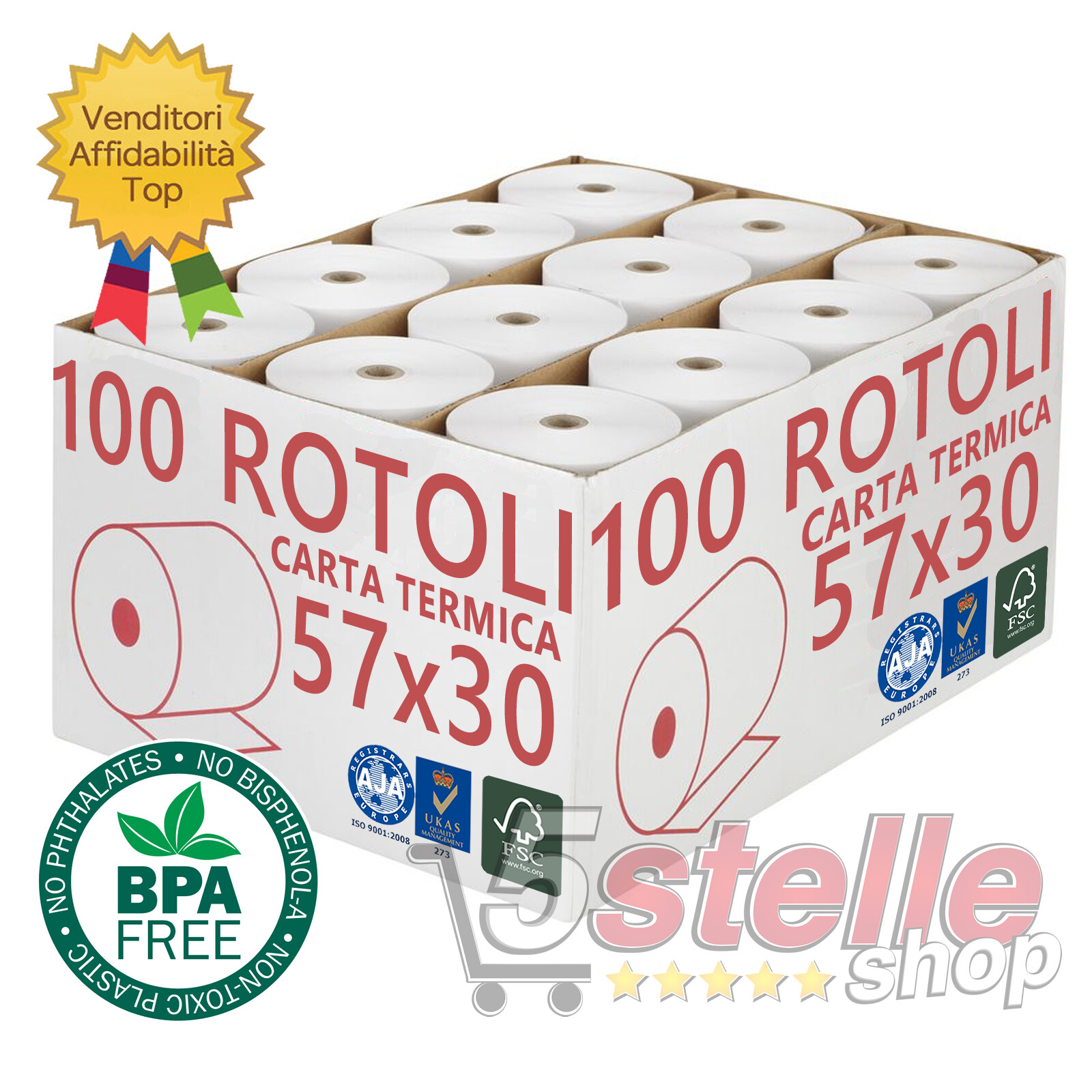 100 ROTOLI TERMICI 57x30 FORO 12 Ø50 MM OMOLOGATI CASSA CARTA TERMICA BPA FREE