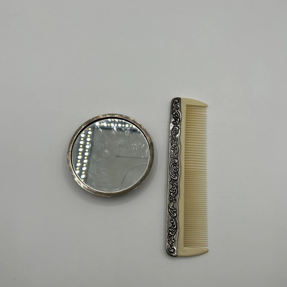Celluloid Comb Silver Plate Edge & Floral Design With Compact Mirror Vanity Set - Image 3 of 4