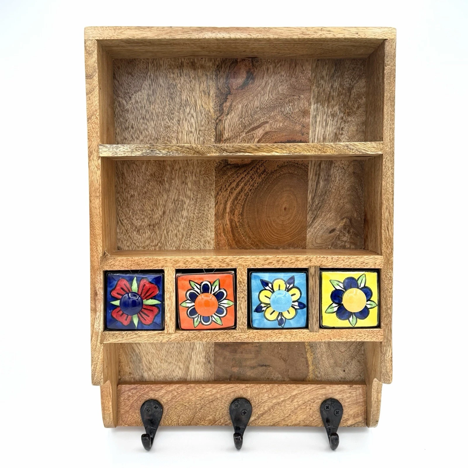 Wooden Shelf 4 Colorful Ceramic Drawers Three Metal Hooks Entry Kitchen Boho