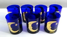 Lot of 7 Culver Cobalt Blue Celestial Moon & Stars Lowball Glasses #994