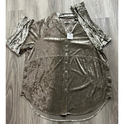 Cupio NWT Women Feather Gray Taupe Crushed Velvet Button Down Tunic Shirt Large