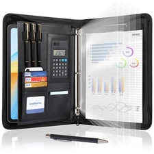 Leather Portfolio Binder Folder Organizer with Zipper, Calculator, Writing Pad
