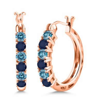 18K Rose Gold Plated Silver Blue Lab Grown Diamond and Sapphire Hoop-Earrings