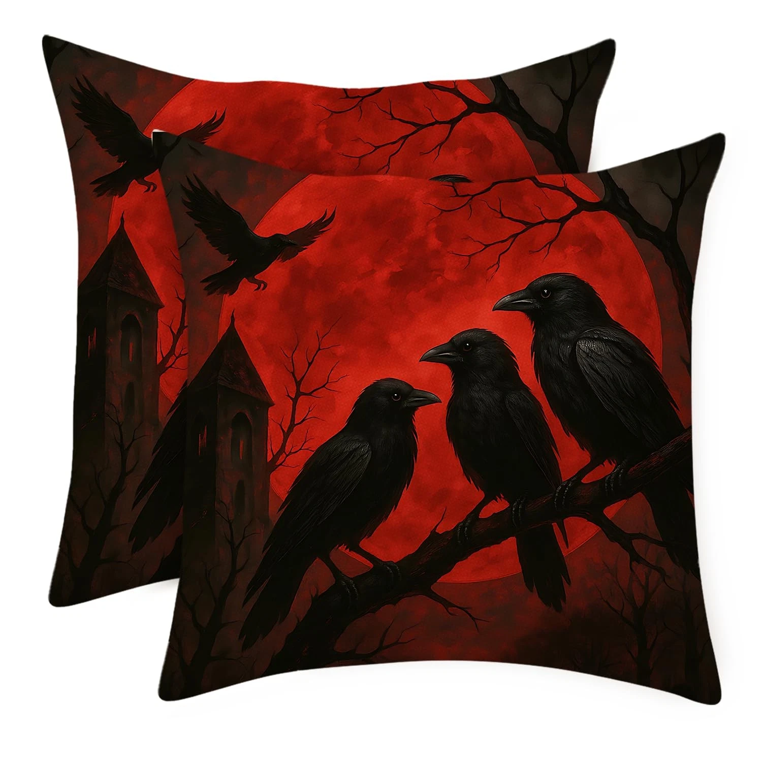 ANNA QUEEN Gothic Crow Red Moon Linen Pillow Covers 18" x (Pack of 2), #9