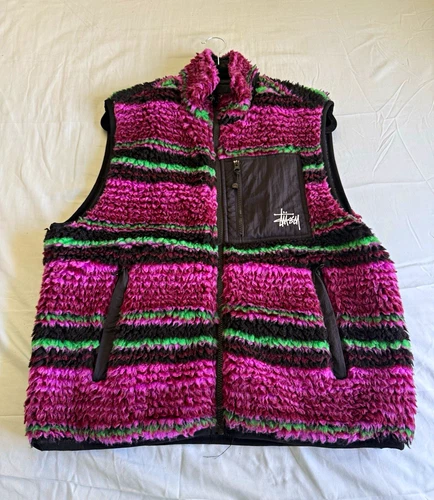 Stussy Reversible Sherpa Fleece Full Zip Striped Vest Pockets Men's M - product listing photo