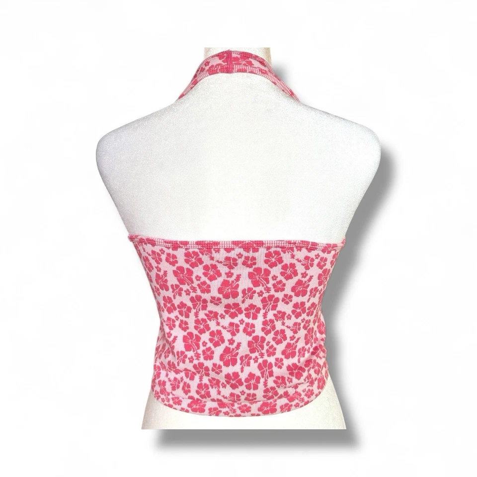 Camiseta sin mangas Forever 21 Halter Rosa Floral Tejido Acanalado Y2K Retro Festival M/L Foto 2 de 4