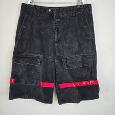 Marithe Francois Girbaud Mens Black Cargo Denim Shorts Red Straps Size 38 90s
