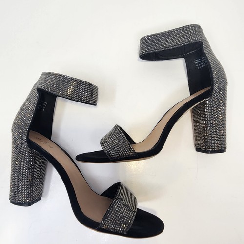 Call It Spring Black Rhinestone Vegan Block Heel Pumps Size 8 Ankle Strap - Picture 9 of 10