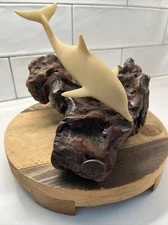 Vintage John Perry Dolphin on Burlwood Base Sculpture with Signature Badge