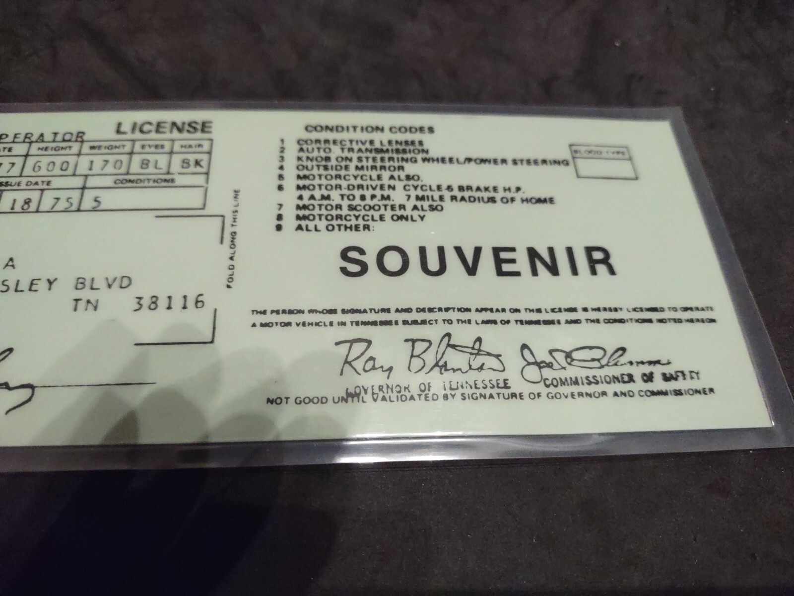 VINTAGE 197578 'TENNESSEE Operator LICENSE' Souvenir ELVIS A. PRESLEY