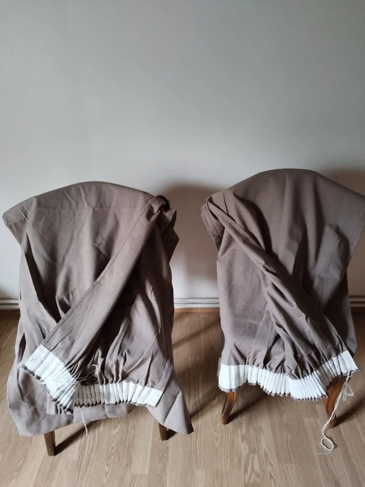 Paire double RIDEAUX anciens marron taupe- Coupon tissu coton Lin -2m40 X 1m30 - Photo 2/4
