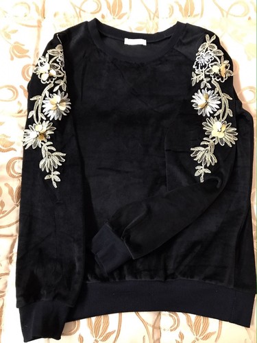 Maglia Felpa Velluto Nero Nera Applicazioni Donna Oro Ragazza Affare Nuova  | eBay