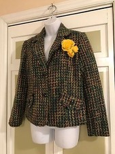 Requirements Petite Green/Multicolor Tweed Button Front Long Sleeve Blazer 10P