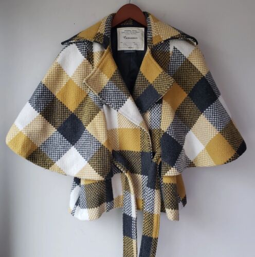 Anthropologie Cartonnier Cape Coat Wool Plaid Check Size Medium Yellow - Picture 1 of 10