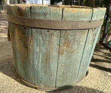 Antique Wood Staved Bucket Wash Tub Wrought Iron Band Grungy Blue Paint