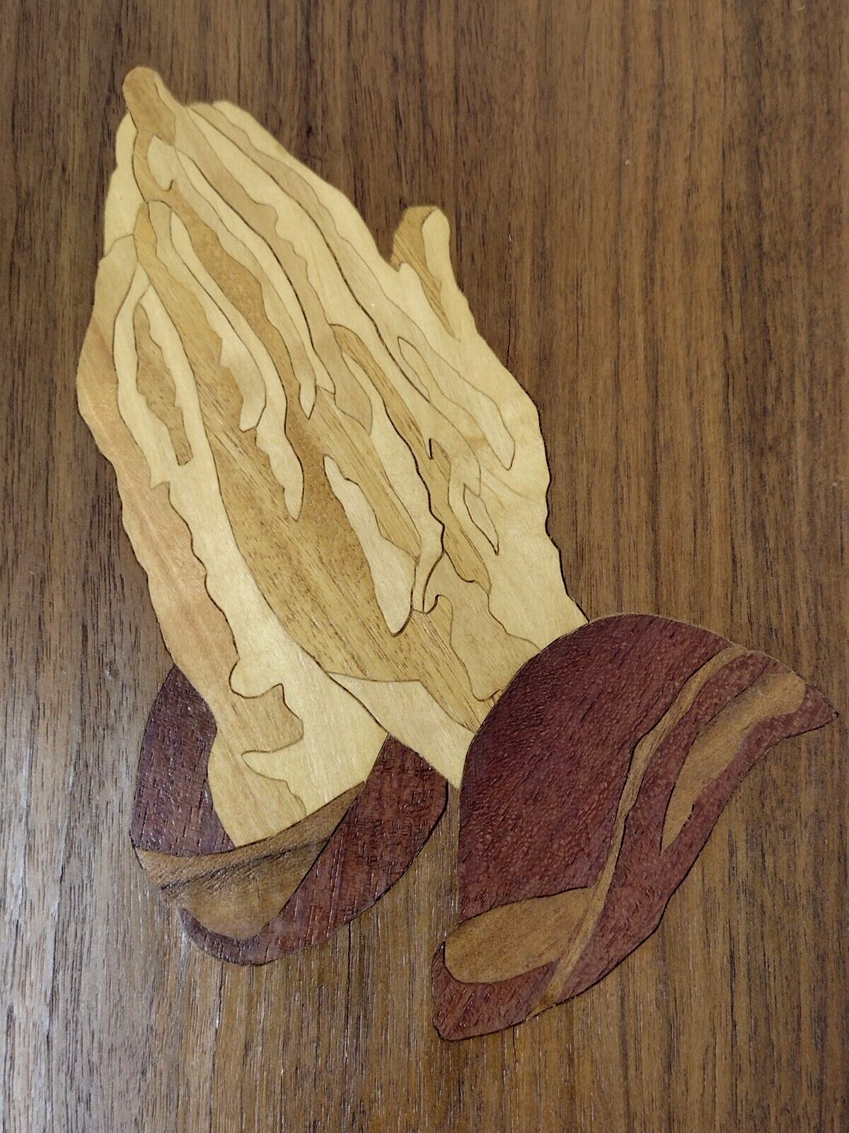 VTG Praying Hands Wood Marquetry Inlaid Inlay Framed Picture Christian Wall Art