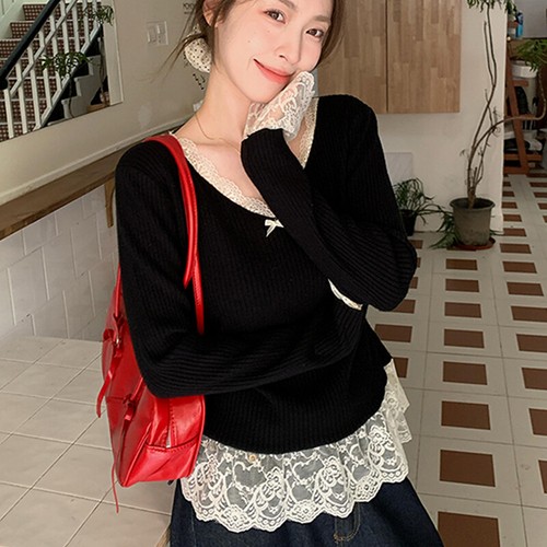 Ballet Style Temperament Lace V-neck Long Sleeve Slim Knitted Sweater For Women - Picture 12 of 13