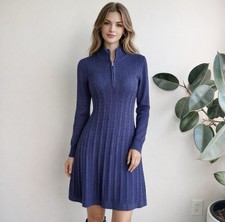 Tommy Bahama Pickford Cable Knit Sweater Dress Size M Navy 1/4 Zip Mock Neck