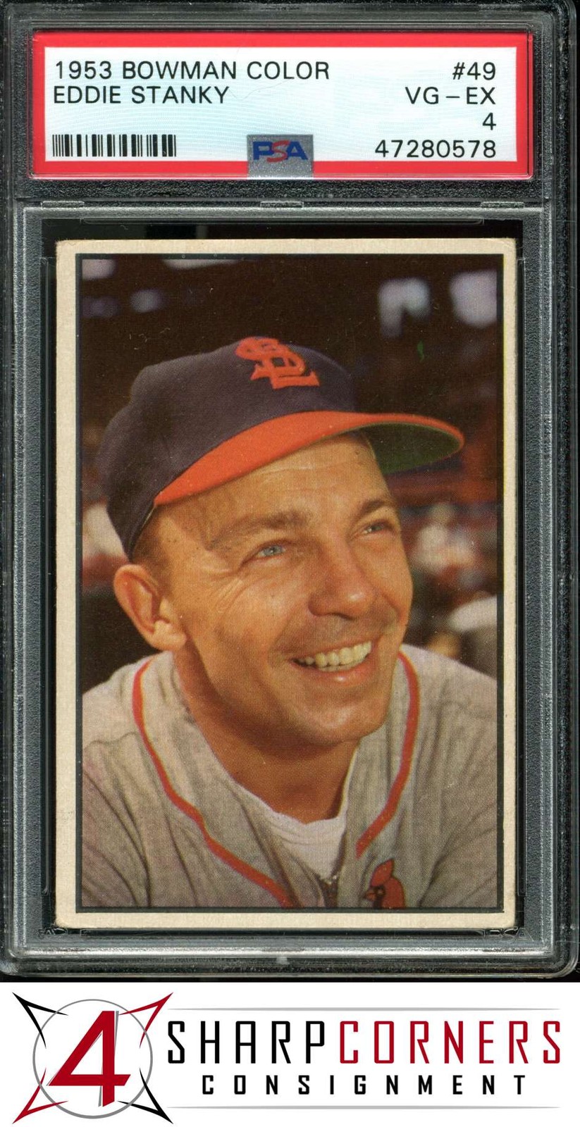 1953 BOWMAN COLOR #49 EDDIE STANKY CARDINALS PSA 4 SET BREAK