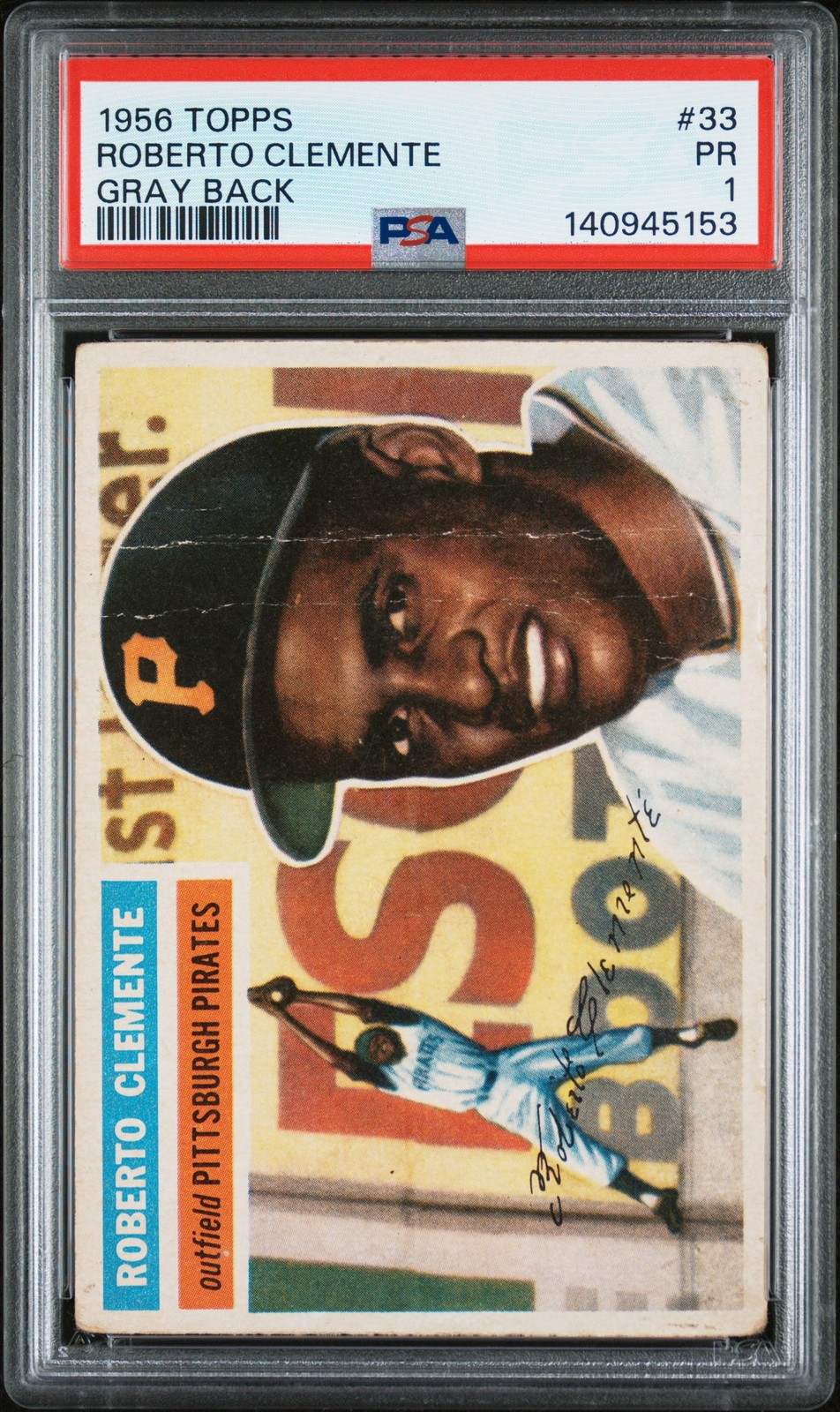 1956 TOPPS GRAY BACK #33 ROBERTO CLEMENTE PSA 1