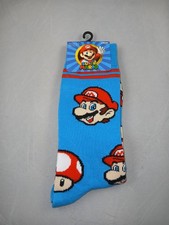 Super Mario Bros Crew Socks Blue Men s 6-12 Gamer Novelty Gift New