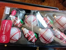 Winter Wonder Lane Set - 8  Red  And White Glass Ornaments 4 Round And 4 Santa 