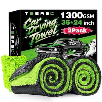 2-Pack Car Drying Towels 24x36 Inch 1300GSM, Twisted Loop Microfiber Gray-green