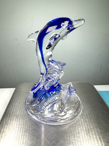 CRISTAL D'ARQUES France Blue Clear Dolphin 24% Lead Crystal Glass Figurine