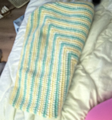 Handmade Acrylic Crib Blanket 48x36 Striped White Blue Yellow Machine Wash