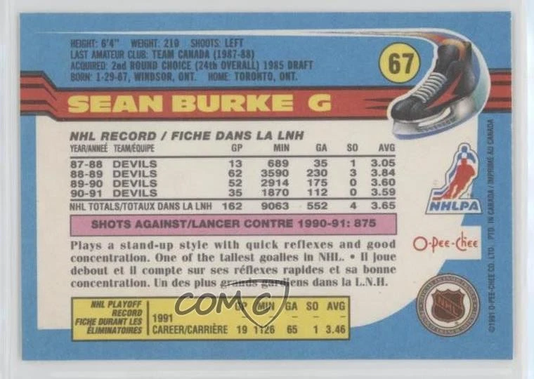 1991-92 O-Pee-Chee Sean Burke #67 - Image 2 of 2