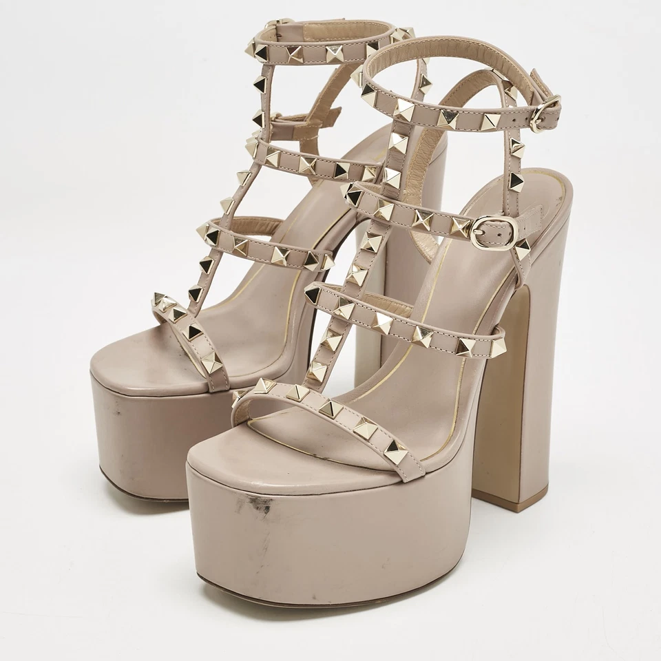 Сандалии на платформе Valentino пыльные розовая кожа рок-гвоздики ремешок на лодыжке блочный каблук - Изображение 2 из 4