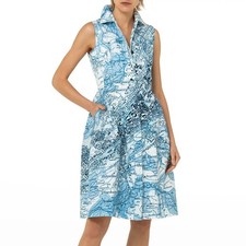 Akris St. Gallen Map Print Denim Shirt Dress Blue White Sleeveless Collared 6