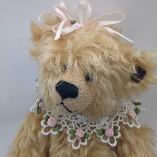 Annette Funicello Bear Mohair Jointed Panda 12" w/ Tags Lace Collar Pink Roses - Picture 2 of 5