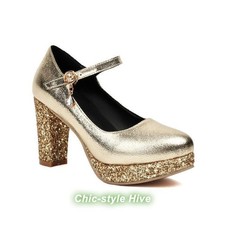 Evening Dance Women's Ankle Strap Block Heels Shoes Wedding Sequins Shiny Pumps