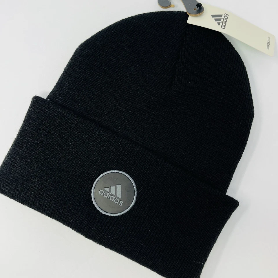 Adidas Mujer Puños Anchos 2 Pliegues Gorro Invierno Sombrero Gorra Tobogán Negro con Gris Foto 3 de 4