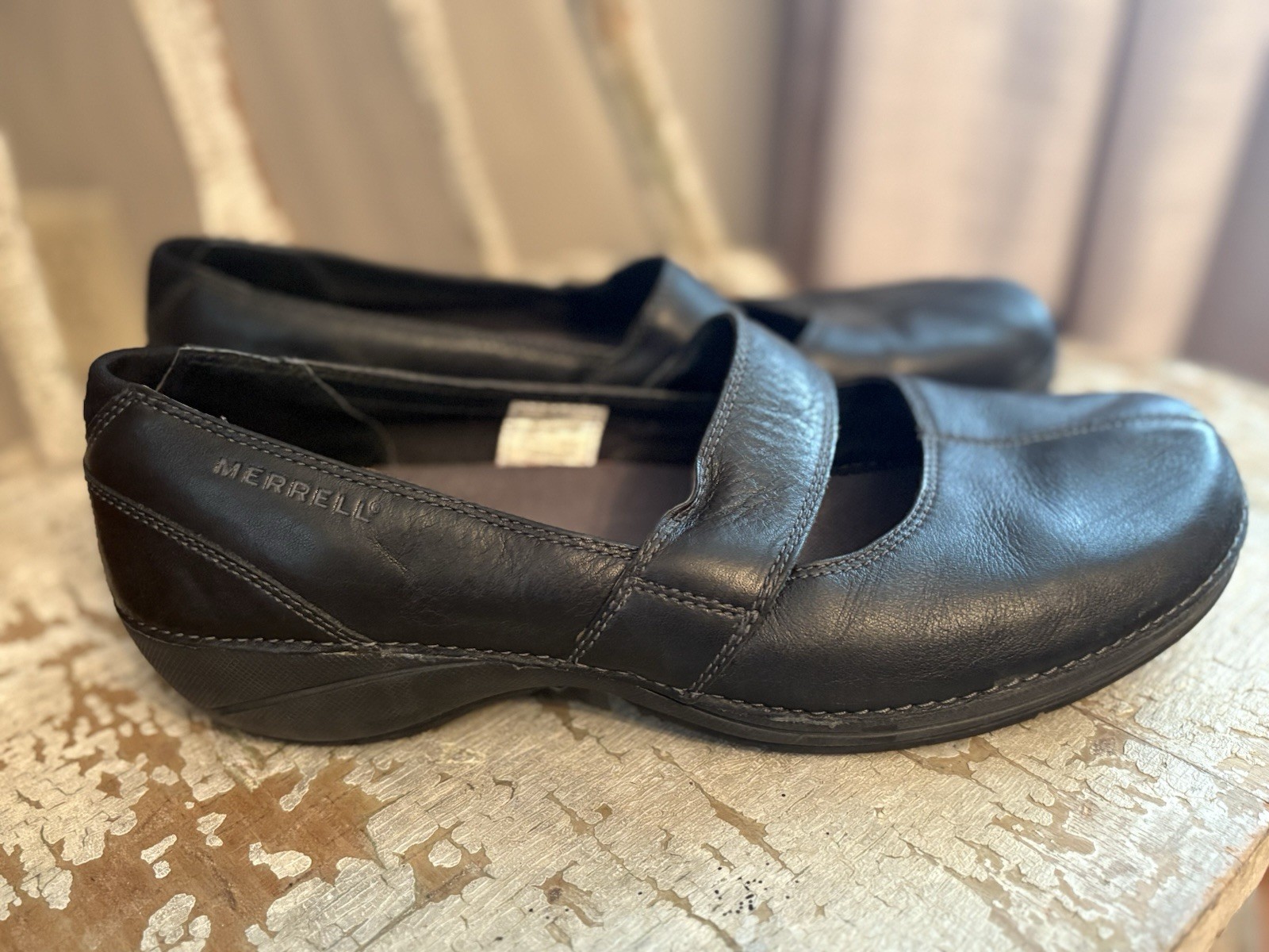 Merrell Mary Jane slip on donna nero pelle brio taglia 10 casual comodo preppy