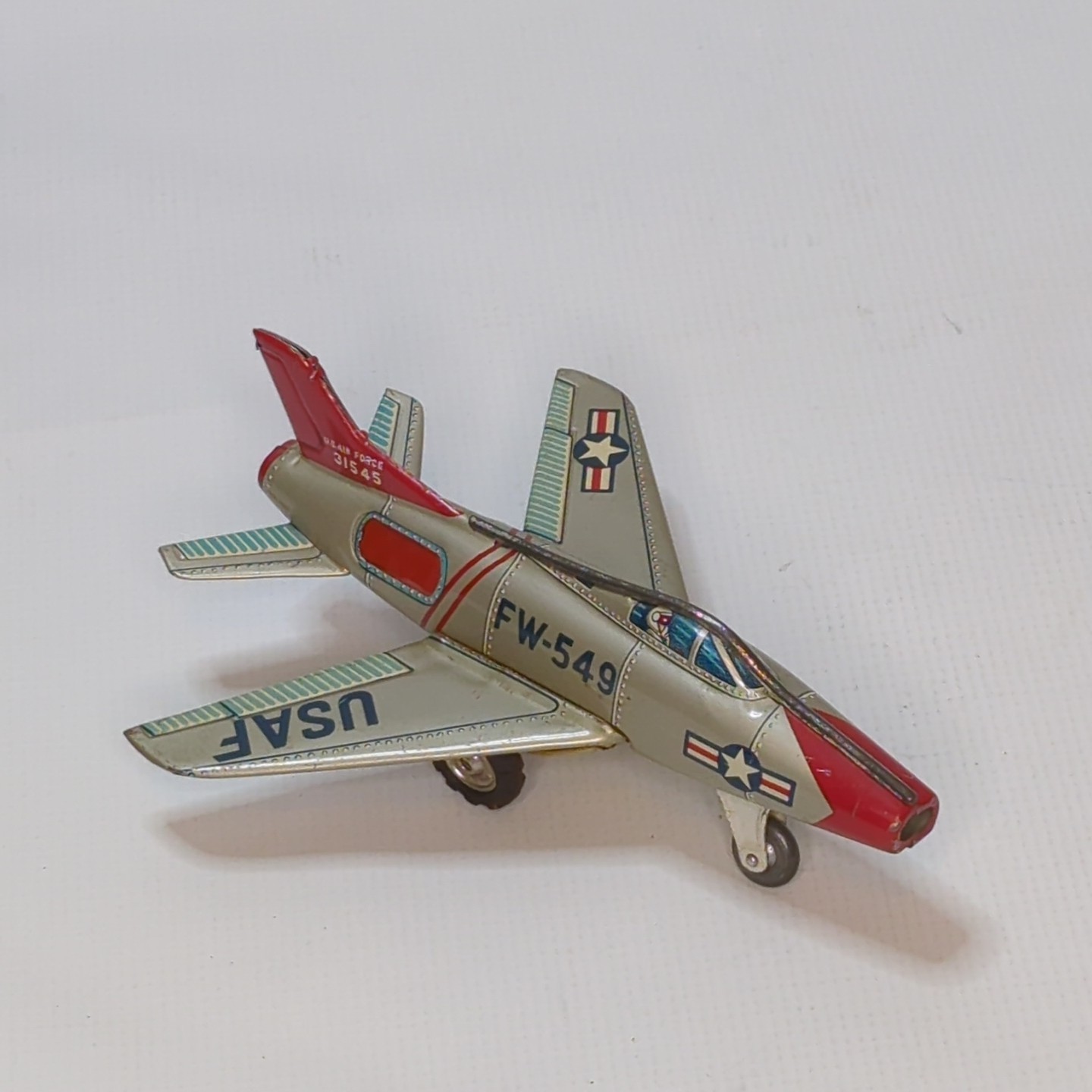 Vintage Tin Litho USAF F-100 Jet Toy 1950s Wind-Up Airplane 6" Japan Style