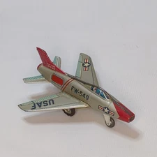 Vintage Tin Litho USAF F-100 Jet Toy 1950s Wind-Up Airplane 6" Japan Style
