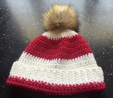 Handmade Knit Pom Beanie Red White Winter Hat Faux Fur Pom Adult One Size